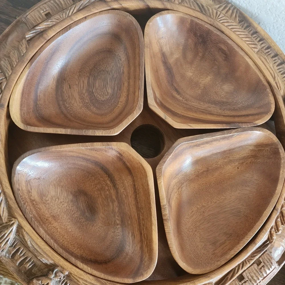 Hand Carved 3 Tier‎ Teak Pineapple Monkey Pod Lazy Susan Serving Tower Vintage